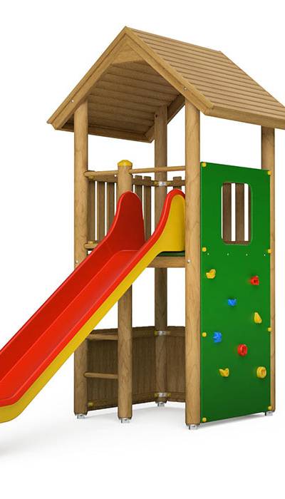 Spielturm-Kombination Rundholz, Podesthöhe 150 cm, Satteldach, Rutsche, mit Bergsteigerwand