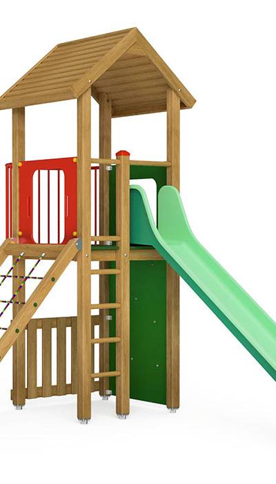 Spielturm-Kombination Eco, Podesthöhe 150 cm, Satteldach, Rutsche, mit Bergsteigerwand und Kletternetz