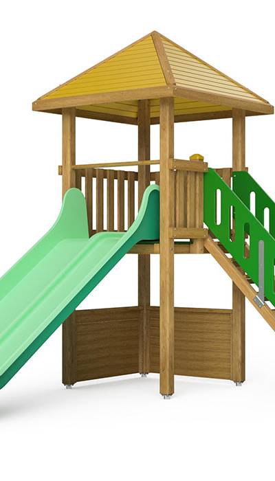 Spielturm-Kombination Kantholz, Podesthöhe 150 cm, Pyramidendach, Doppelrutsche