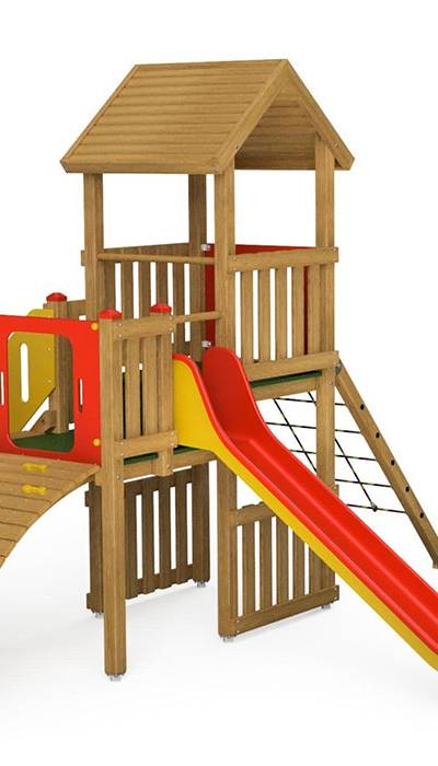 Spielturm-Kombination Eco, Podesthöhen 120/150 cm, Satteldach, Rutsche, mit Aufstiegstreppe