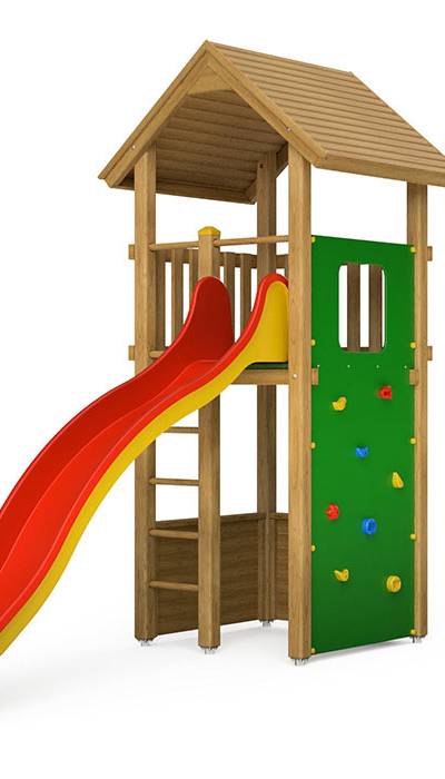 Spielturm-Kombination Kantholz, Podesthöhe 180 cm, Satteldach, Wellenrutsche, mit Bergsteigerwand