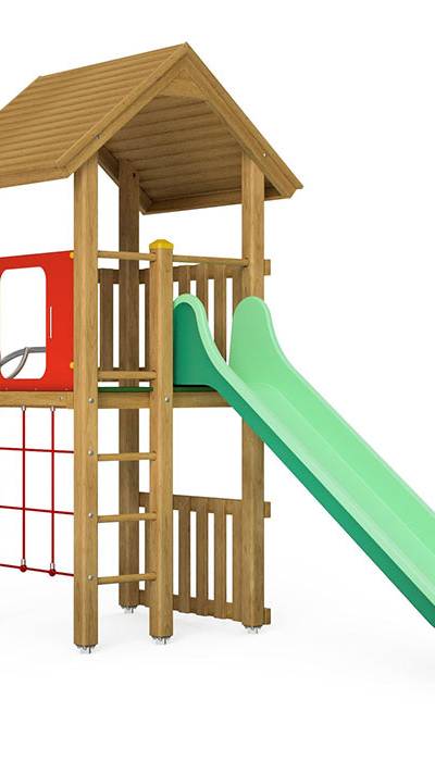 Spielturm-Kombination Kantholz, Podesthöhe 150 cm, Satteldach, Rutsche, mit Vertikalnetz