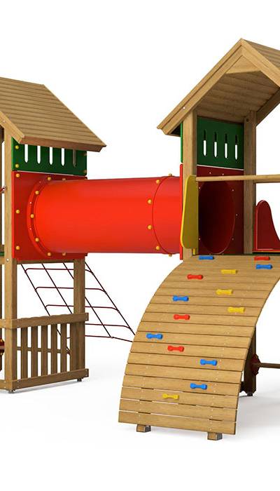 Spielturm-Kombination Kantholz, Podesthöhen 150 cm, Satteldächer, Rutsche