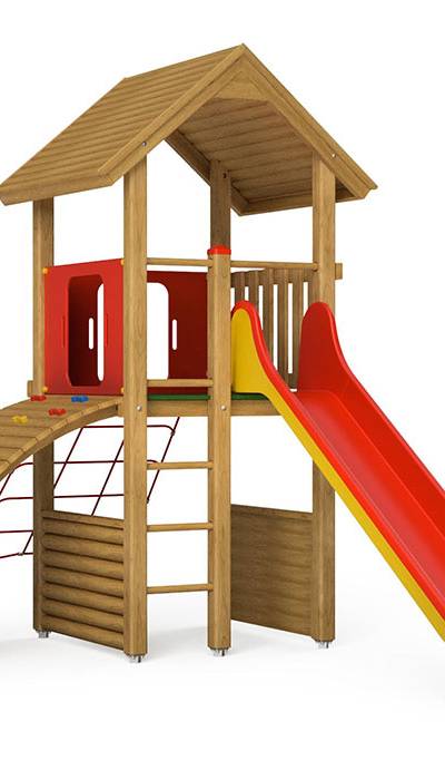 Spielturm-Kombination Kantholz, Podesthöhe 150 cm, Satteldach, Rutsche, mit Kletternetz