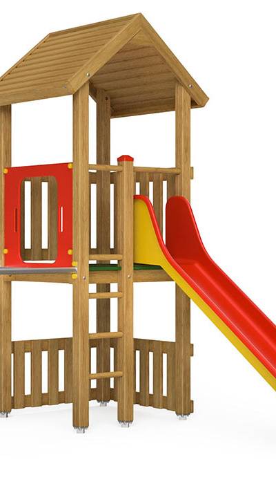 Spielturm-Kombination Eco, Podesthöhe 120 cm, Satteldach, Rutsche, mit Metall-Hangelleiter
