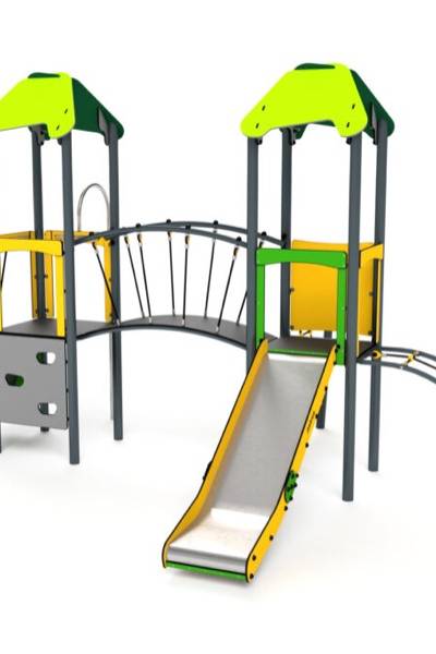 11019 Doppelturm  mit Brücke Rutsche Kletterwand und Feuerwehrstange