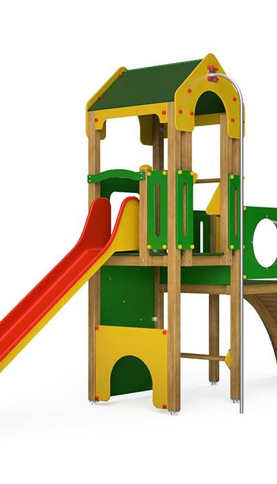 Spielturm-Kombination Crea-Play, Podesthöhen 120/150 cm, Satteldach, Rutsche, mit Feuerwehrstange