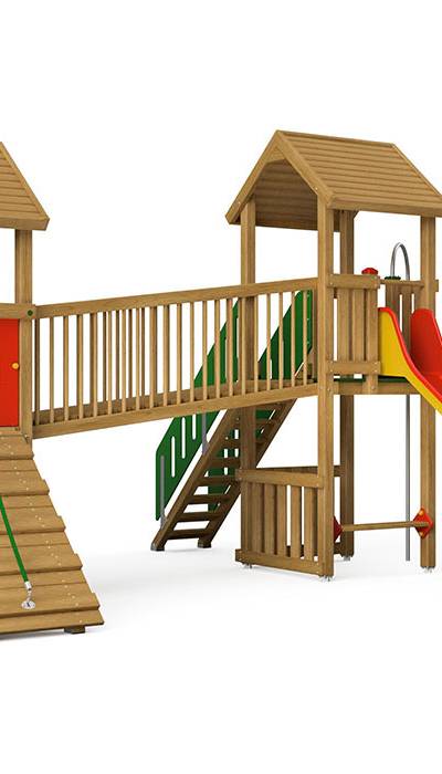 Spielturm-Kombination Eco, Podesthöhen 120/150 cm, Satteldächer, Rutsche, mit Verbindungsbrücke und Feuerwehrstange