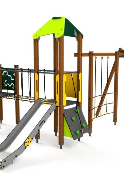 10048 Turm mit Kletternetzen, Balancierweg, Kletterwand, Spielwand und Rutsche