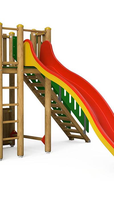 Spielturm-Kombination Rundholz, Podesthöhe 180 cm, Wellenrutsche, mit Bergsteigerwand