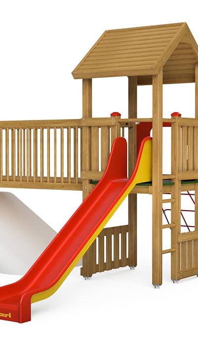 Spielturm-Kombination Eco, Podesthöhe 120 cm, Satteldach, Rutsche, mit Verbindungsbrücke und Kletternetz