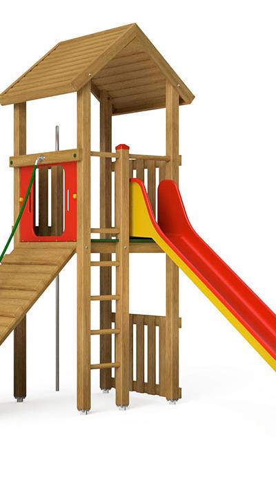 Spielturm-Kombination Eco, Podesthöhe 150 cm, Satteldach, Rutsche, mit Feuerwehrstange und Schrägaufstieg