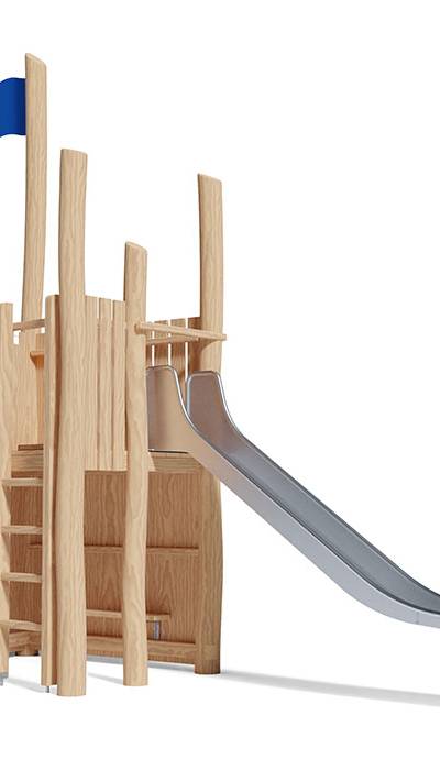 Spielturm-Kombination Robinie, Podesthöhe 150 cm, Rutsche Edelstahl, mit Bergsteigerwand