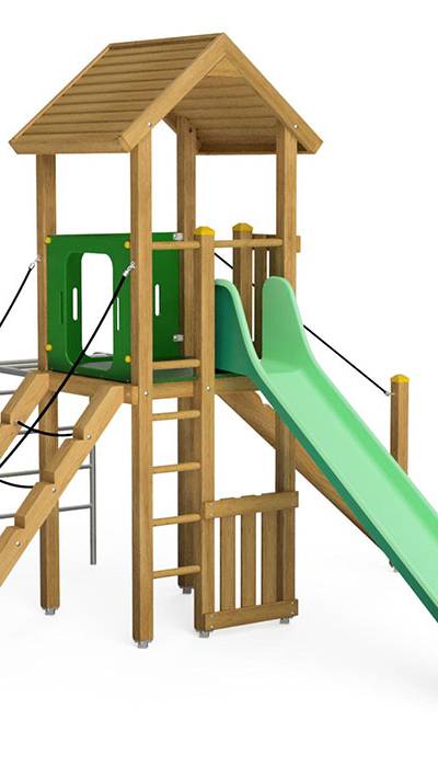 Spielturm-Kombination Eco, Podesthöhe 150 cm, Satteldach, Rutsche, mit Baumstammaufstieg und Metall-Hangelleiter