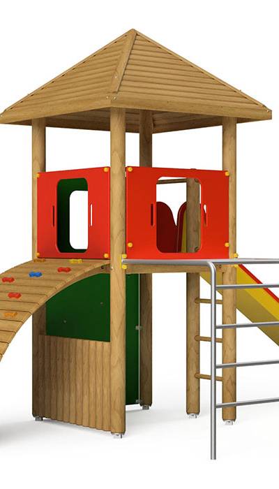 Spielturm-Kombination Rundholz, Podesthöhe 150 cm, Pyramidendach, Rutsche, mit Bergsteigerwand