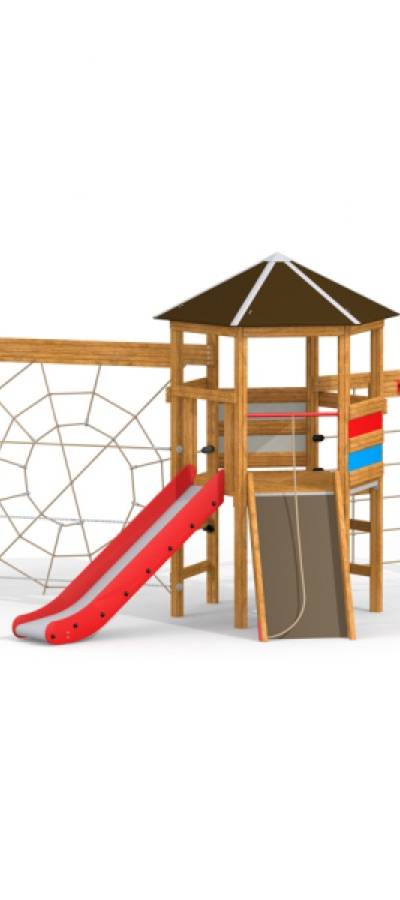 Spielturm mit Rutsche und Kletternetz