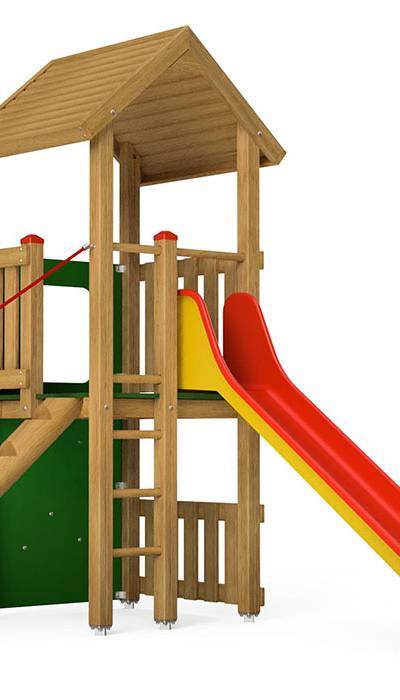 Spielturm-Kombination Eco, Podesthöhe 120 cm, Satteldach, Rutsche, mit Bergsteigerwand und Baumstammaufstieg
