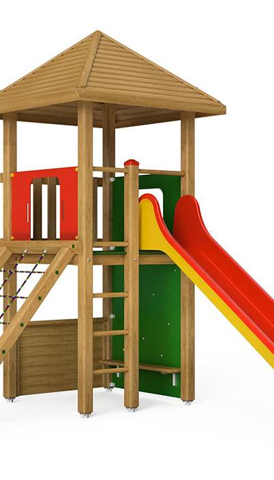 Spielturm-Kombination Kantholz, Podesthöhe 150 cm, Pyramidendach, Rutsche, mit Bergsteigerwand und Kletternetz