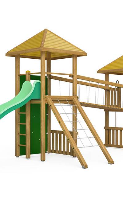 Spielturm-Kombination Kantholz, Podesthöhen 150/180 cm, Pyramidendach, Wellenrutsche